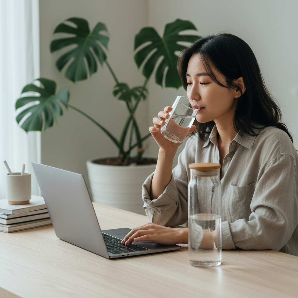 책상 위에 물병을 두고 업무 중 물을 마시는 한국인의 모습