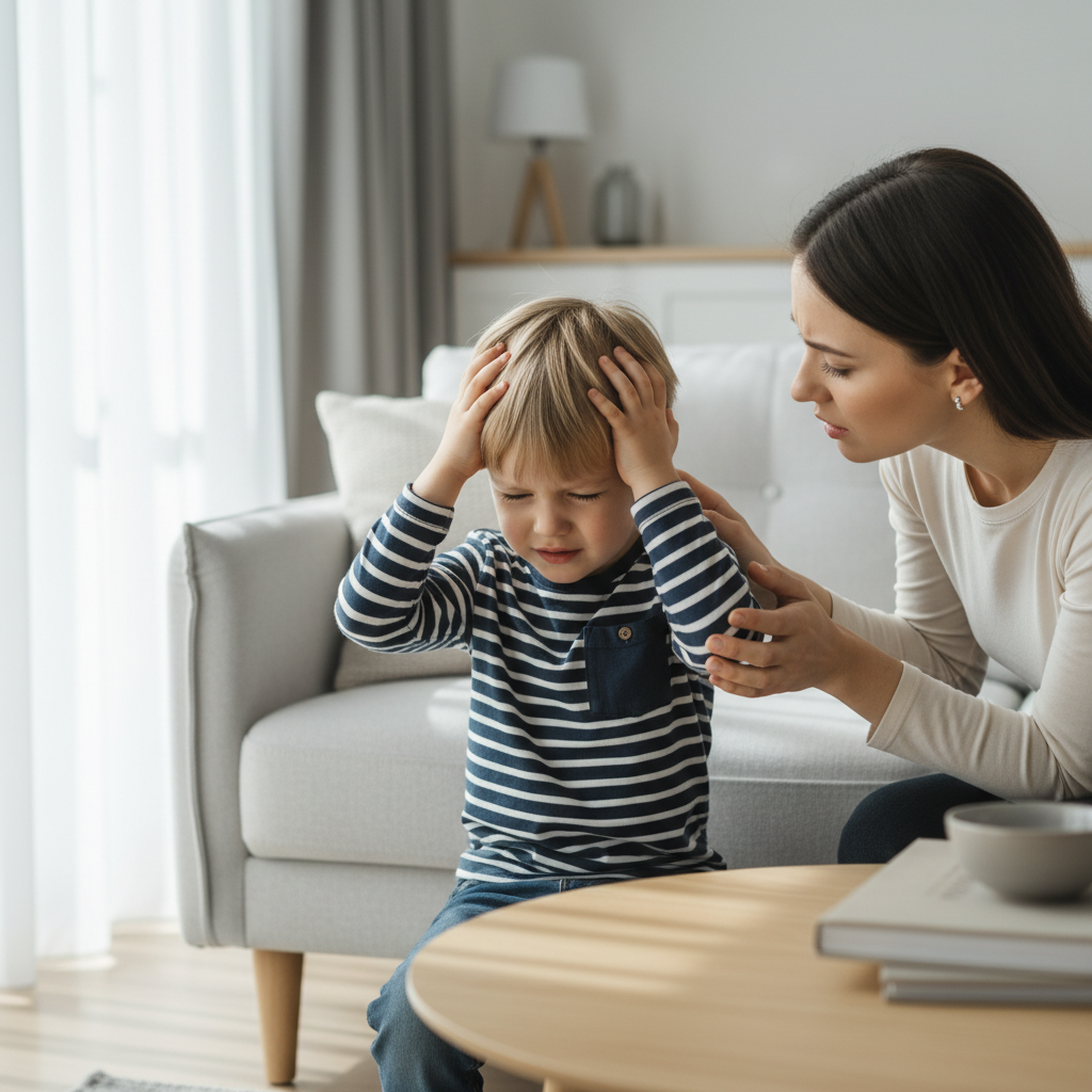 아이가 머리를 만지며 불편해하는 모습, 엄마가 옆에서 걱정스럽게 바라본다