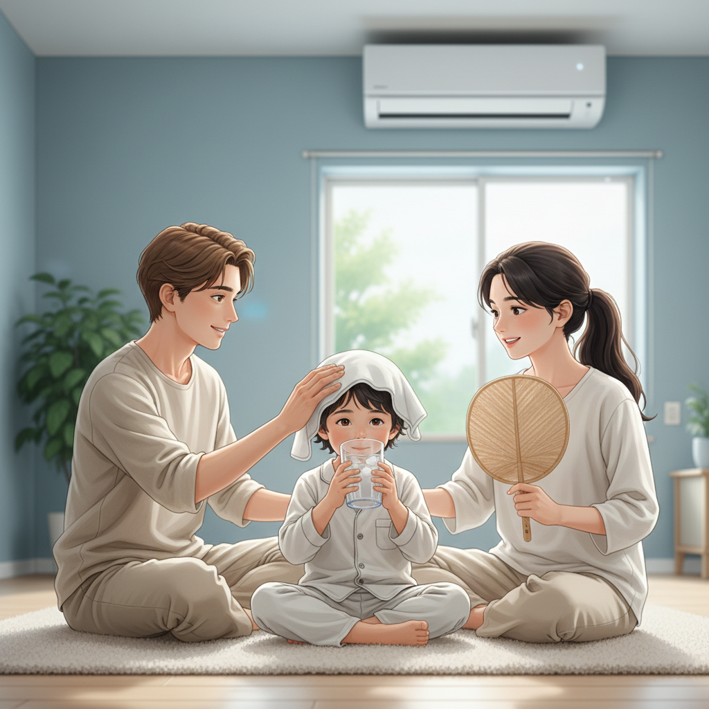 아이가 시원한 방에 앉아 물을 천천히 마시고, 부모가 옆에서 이마에 수건을 올려주는 장면