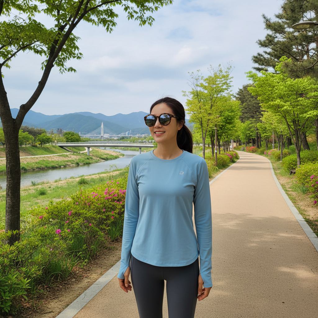 선글라스를 착용하고 야외에서 활동하는 한국인 여성