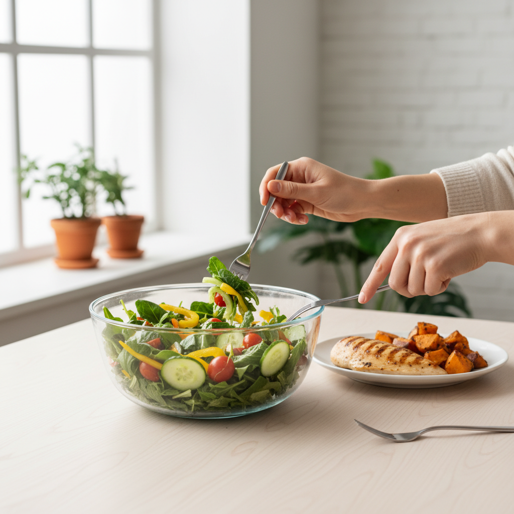 채소 샐러드를 먼저 먹고 있는 식사 장면
