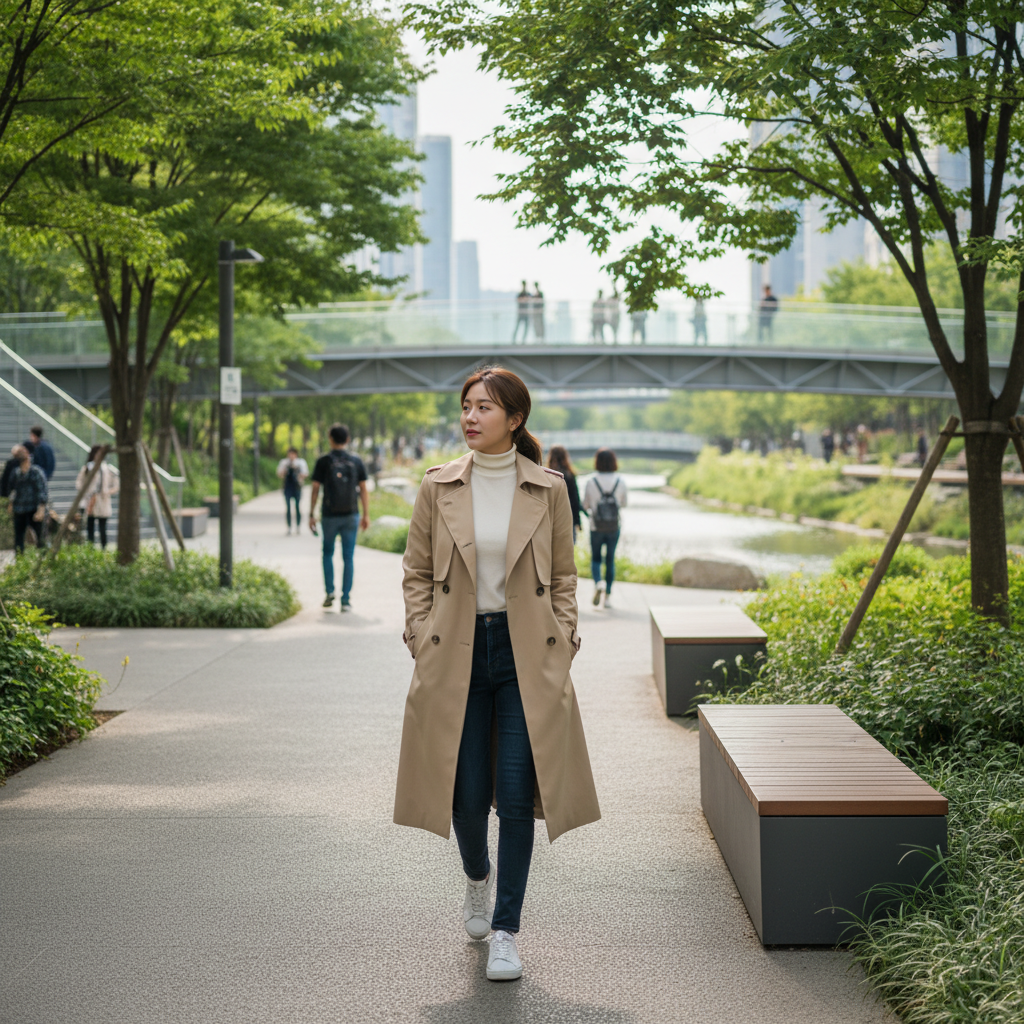 공원이나 산책로를 걷고 있는 한국인의 모습