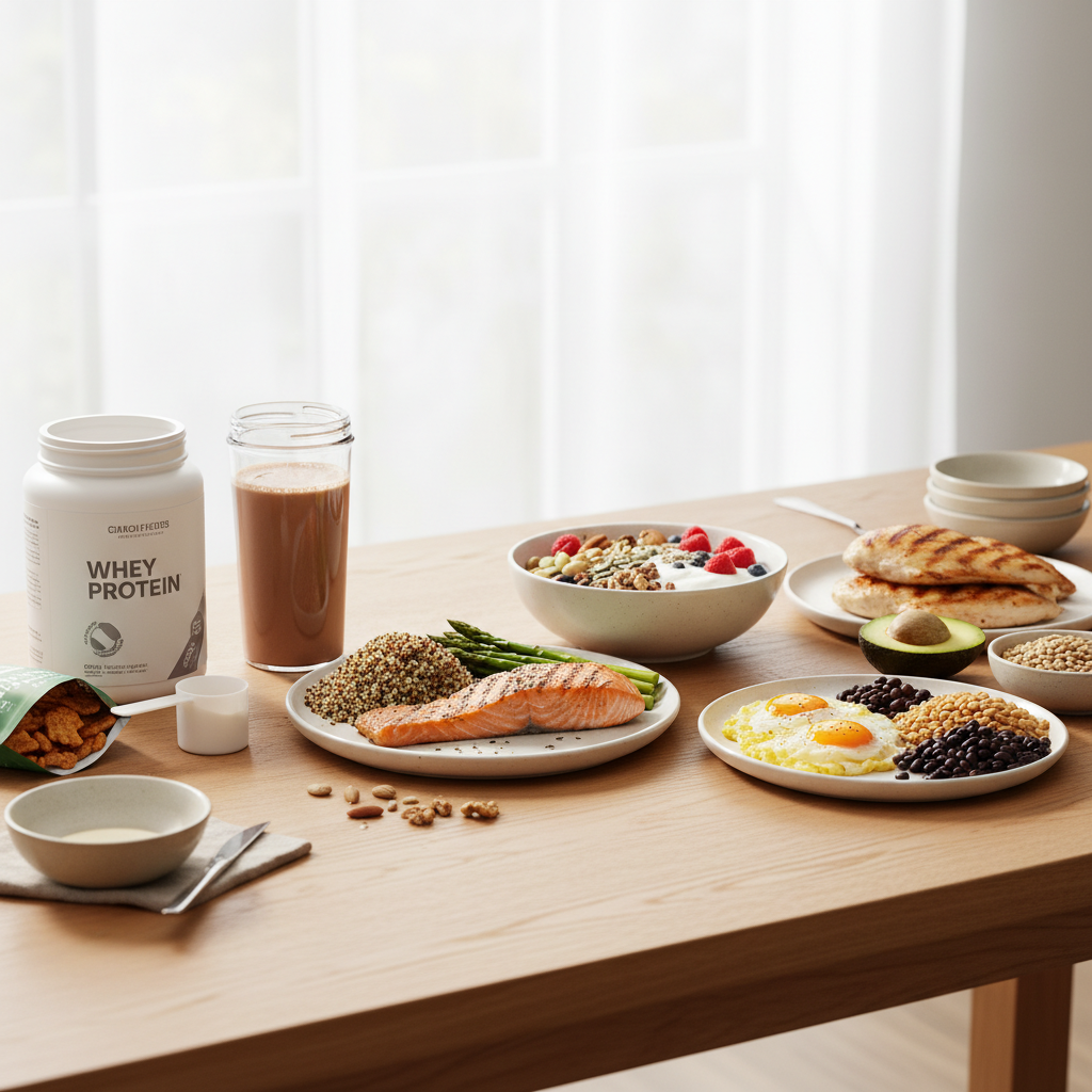 단백질 보충제와 고단백 식품이 놓인 식탁 풍경