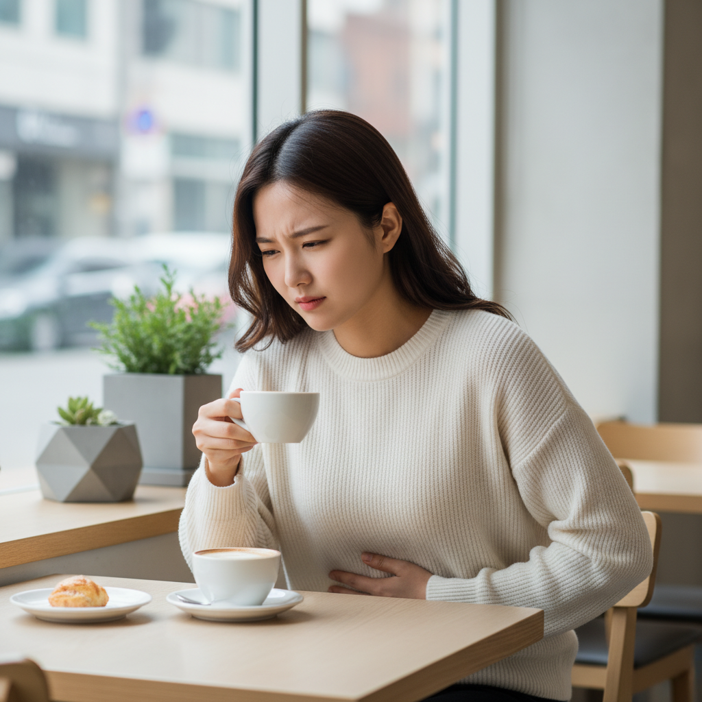 커피를 마시고 속을 불편해하는 한국인 여성