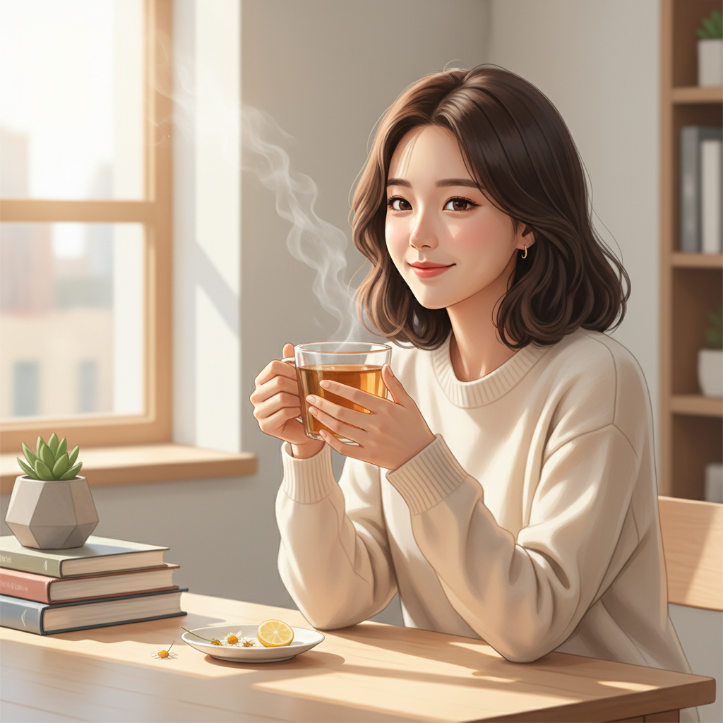 따뜻한 허브티를 마시는 한국인 여성