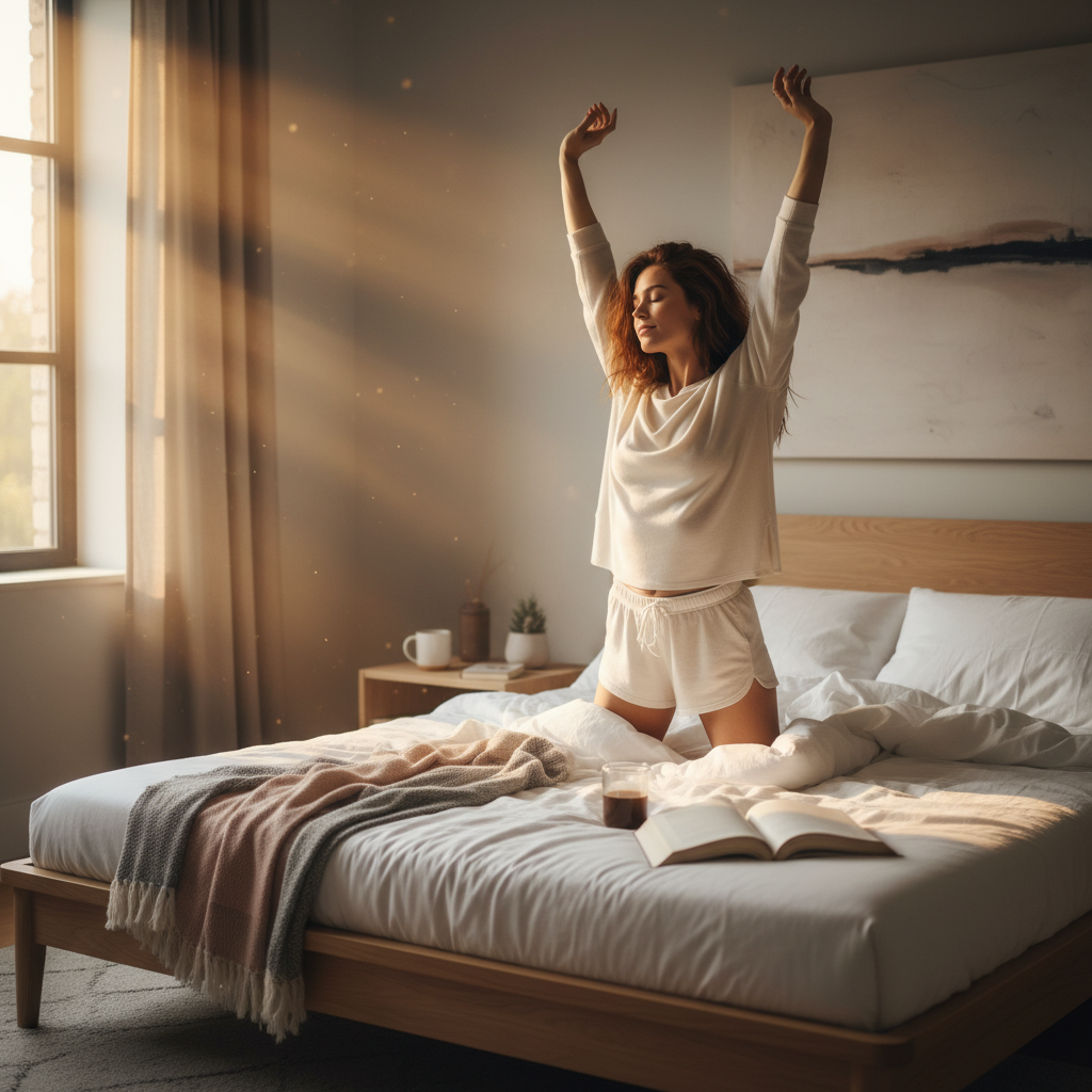 아침 햇살 속 침대에서 일어나며 기지개를 켜는 여성