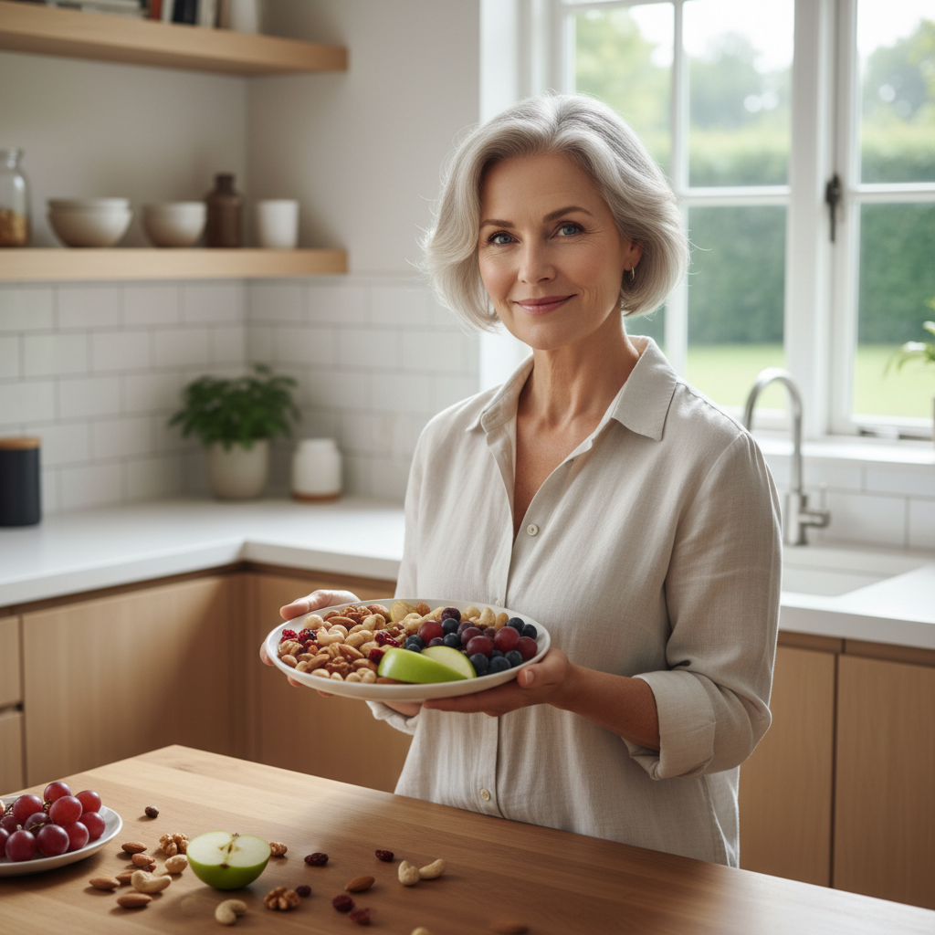 50대 여성이 주방에서 견과류와 과일을 담은 접시를 들고 있는 장면