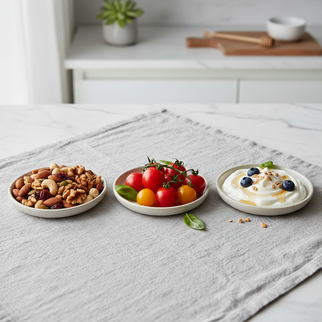 작은 접시에 담긴 견과류, 방울토마토, 플레인 요거트가 나란히 놓인 장면