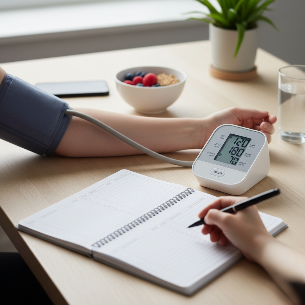 아침 식사 전 혈압을 체크하는 장면과 기록 수첩