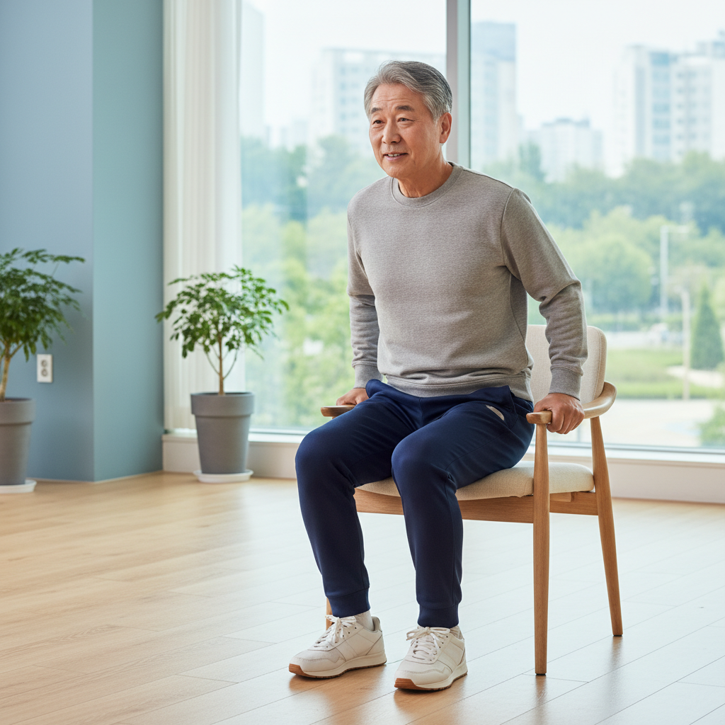 의자에 앉았다 일어서는 동작을 하는 한국인 노년층