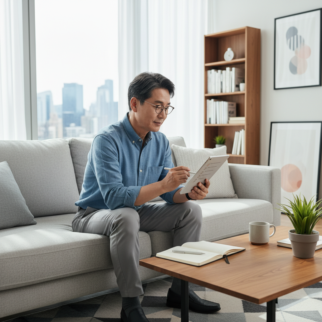 거실 소파에 앉아 체크리스트를 확인하는 60대 한국인 남성