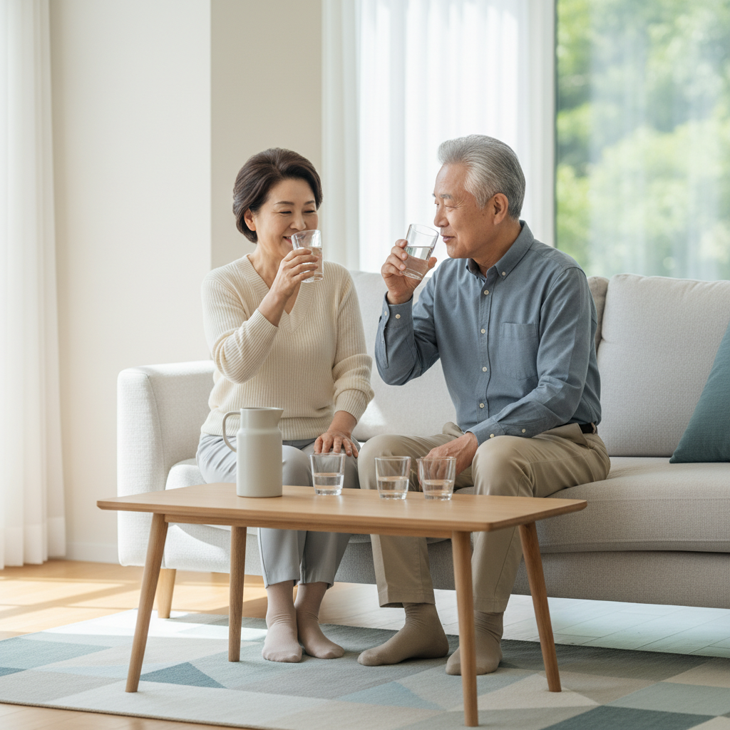 실내에서 물을 마시는 한국인 노년층의 모습