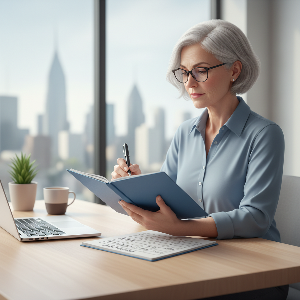 60대 어르신이 노트에 근무 조건을 체크하며 확인하는 모습