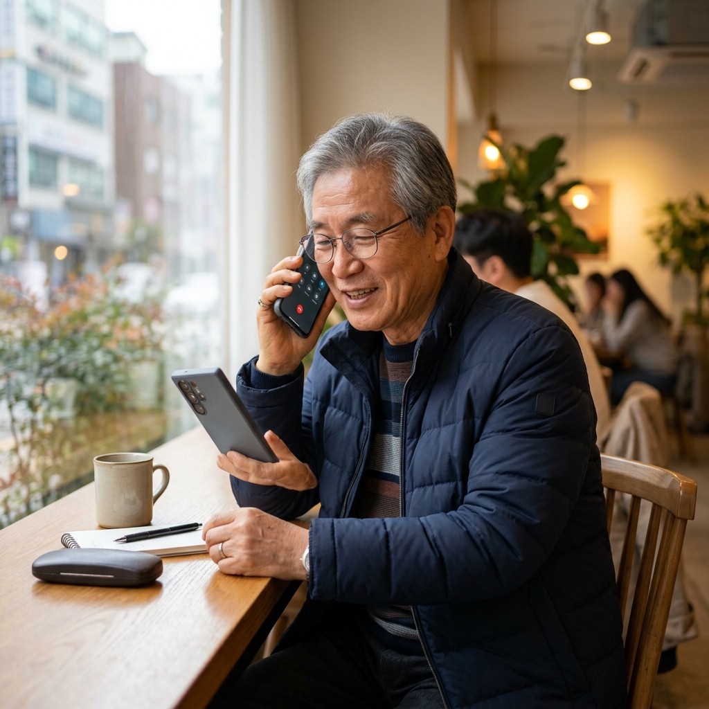 스마트폰을 보며 전화 통화하는 70대 어르신