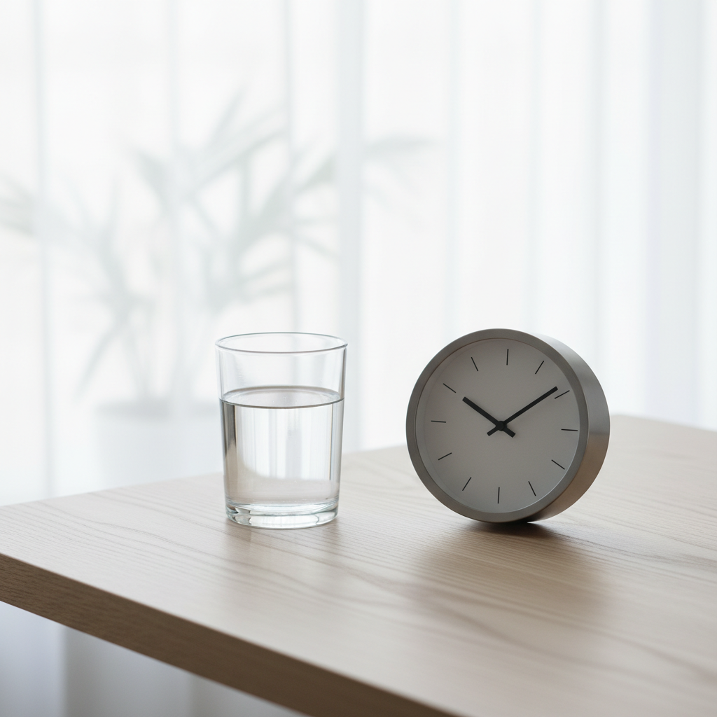 테이블 위에 놓인 물컵과 시계