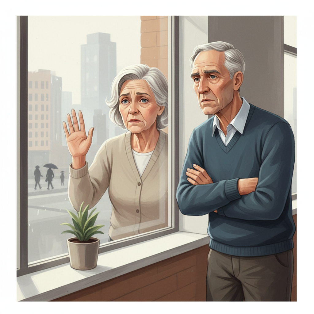 노년층이 불안한 표정으로 창밖을 바라보는 장면