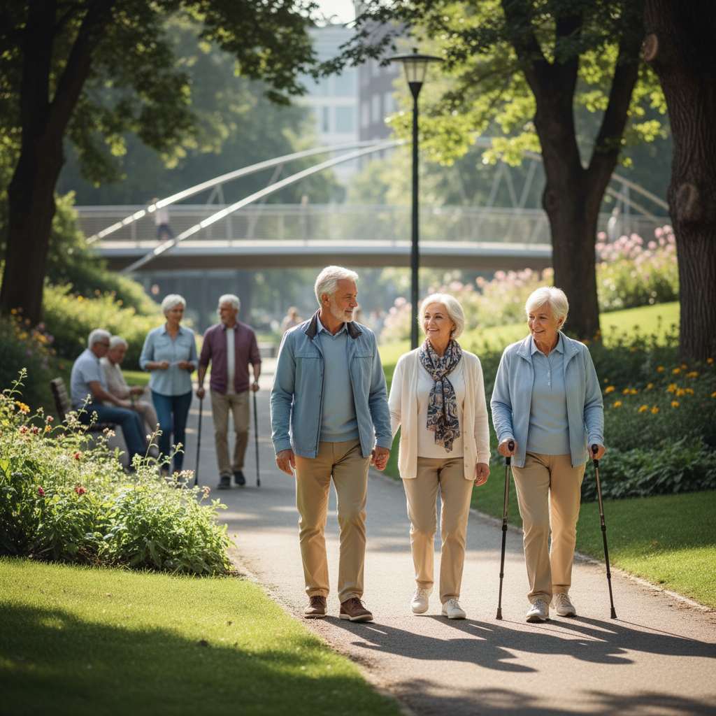 노년층이 공원에서 가볍게 산책하는 장면