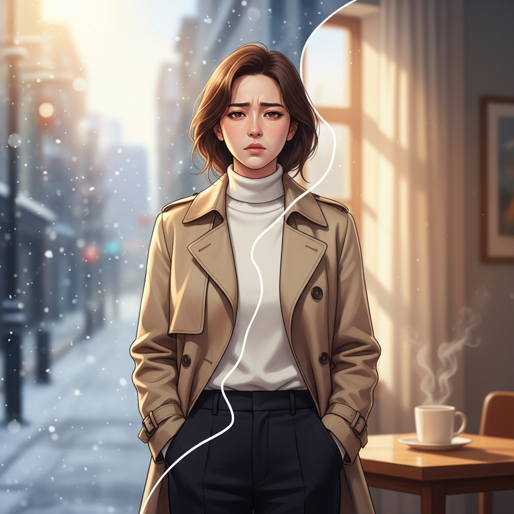 실내외 온도차를 오가며 피로한 표정의 한국인 여성