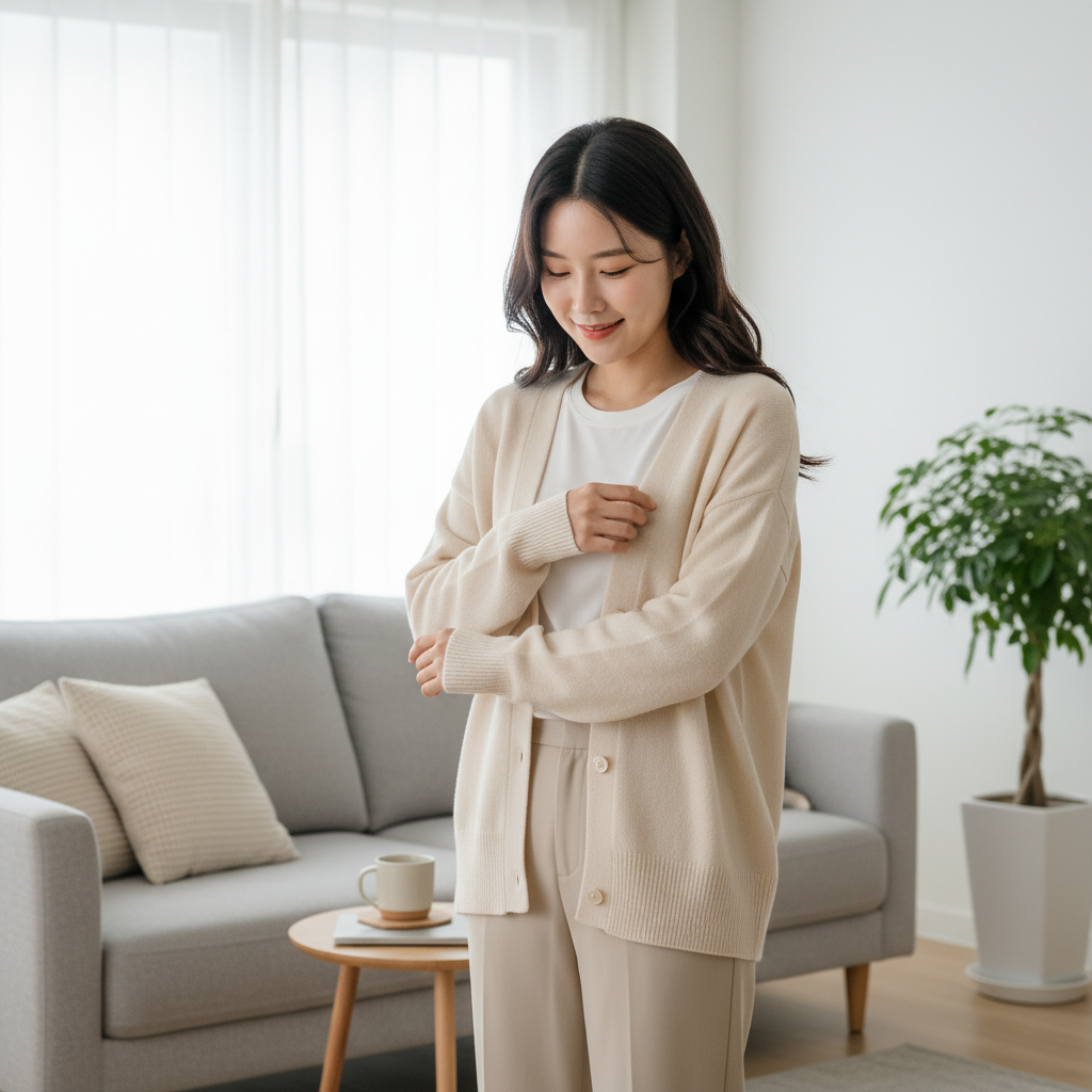 가디건을 챙겨 입는 한국인 여성의 자연스러운 실내 모습