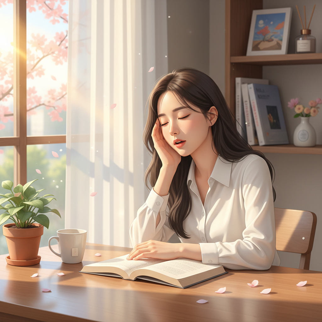 봄철 오후 시간대에 졸음을 느끼며 책상에 앉아 있는 한국인 여성의 모습
