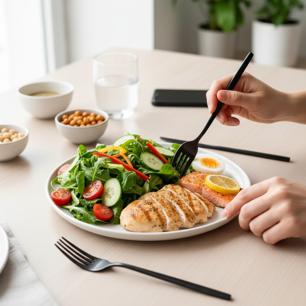 채소 샐러드와 단백질 반찬을 먼저 먹고 있는 식사 장면