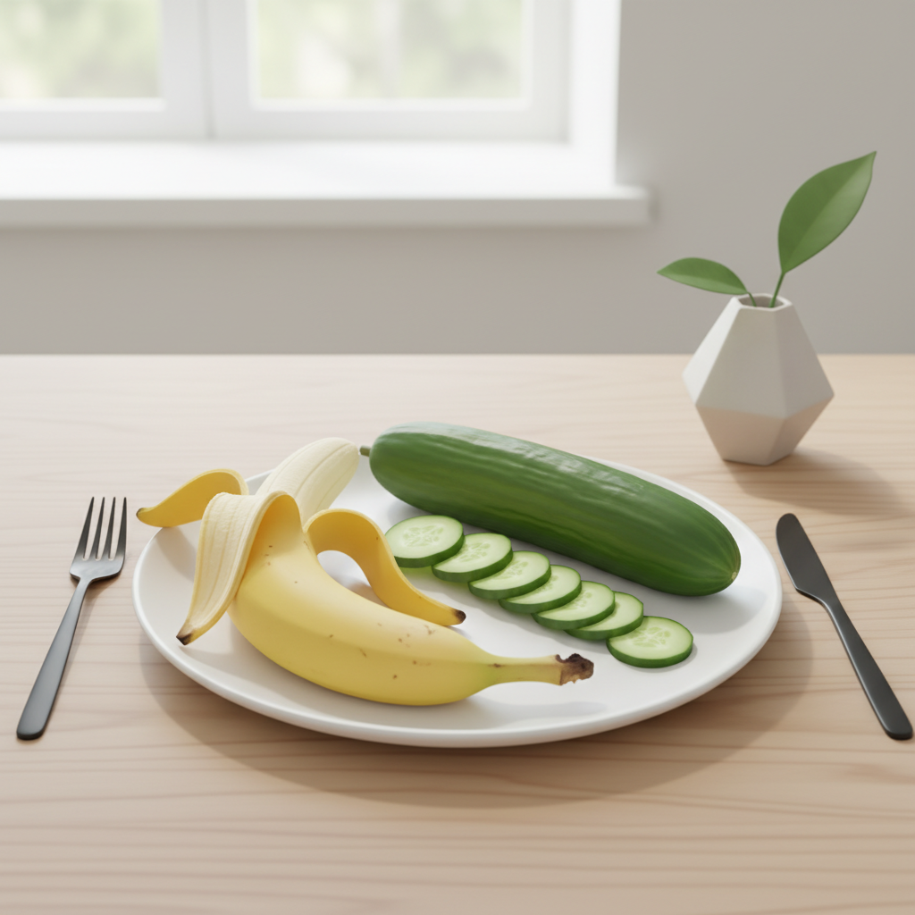바나나와 오이가 함께 놓인 식탁 위 모습