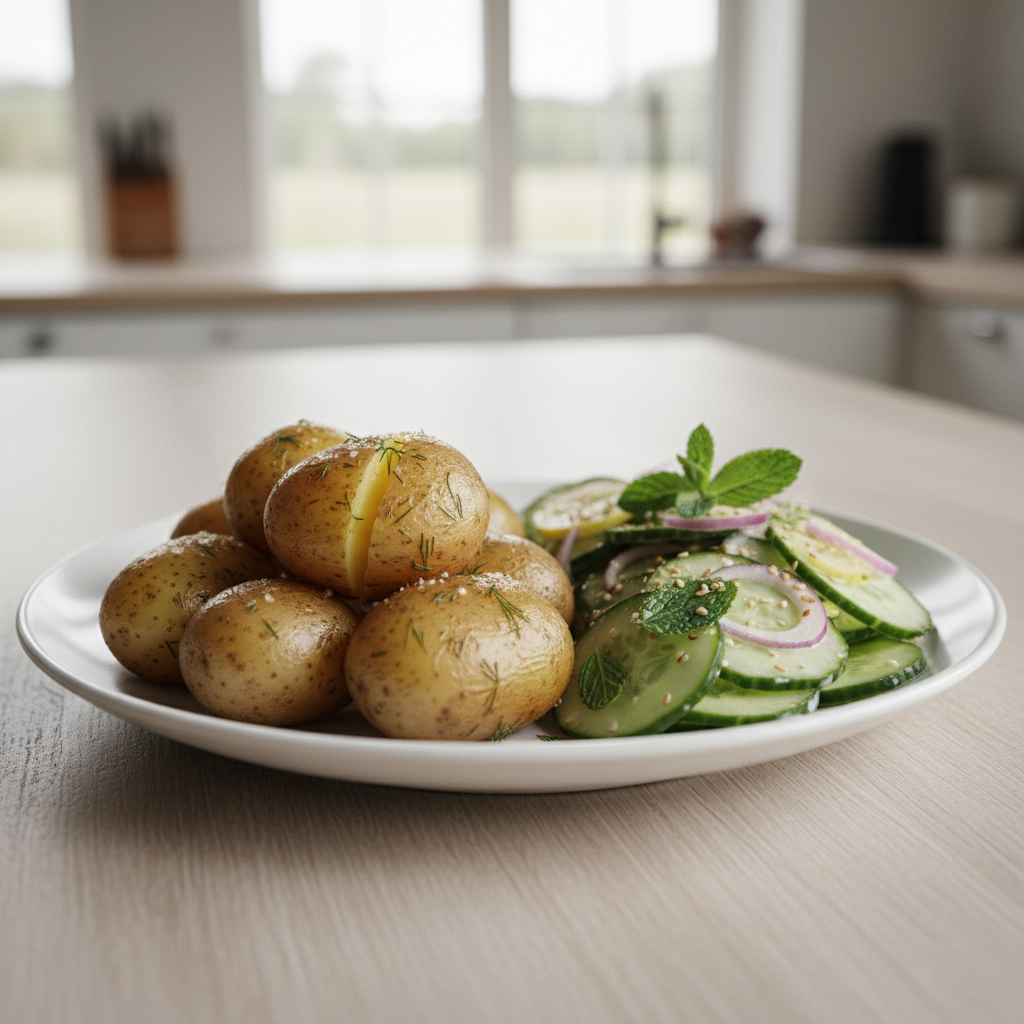 찐 감자와 오이 샐러드가 담긴 접시