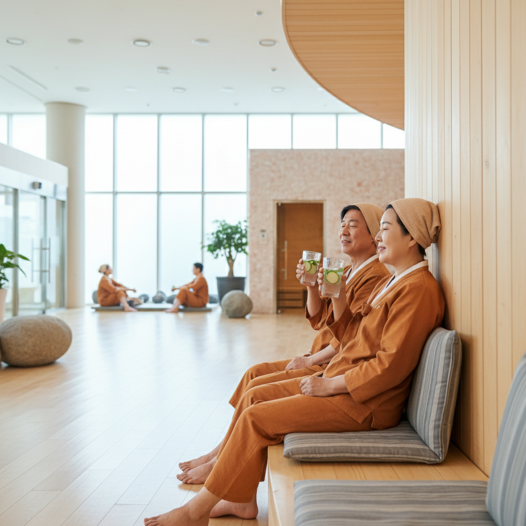 60~70대 남녀가 찜질방 안에서 휴식을 취하며 물을 마시는 장면