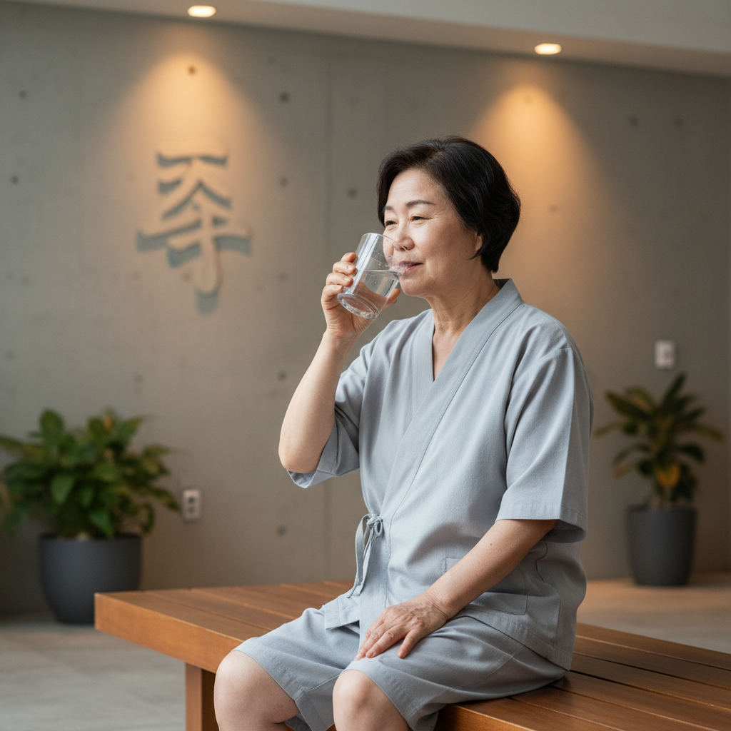 찜질방에서 나와 앉아 미지근한 물을 천천히 마시는 60~70대 모습
