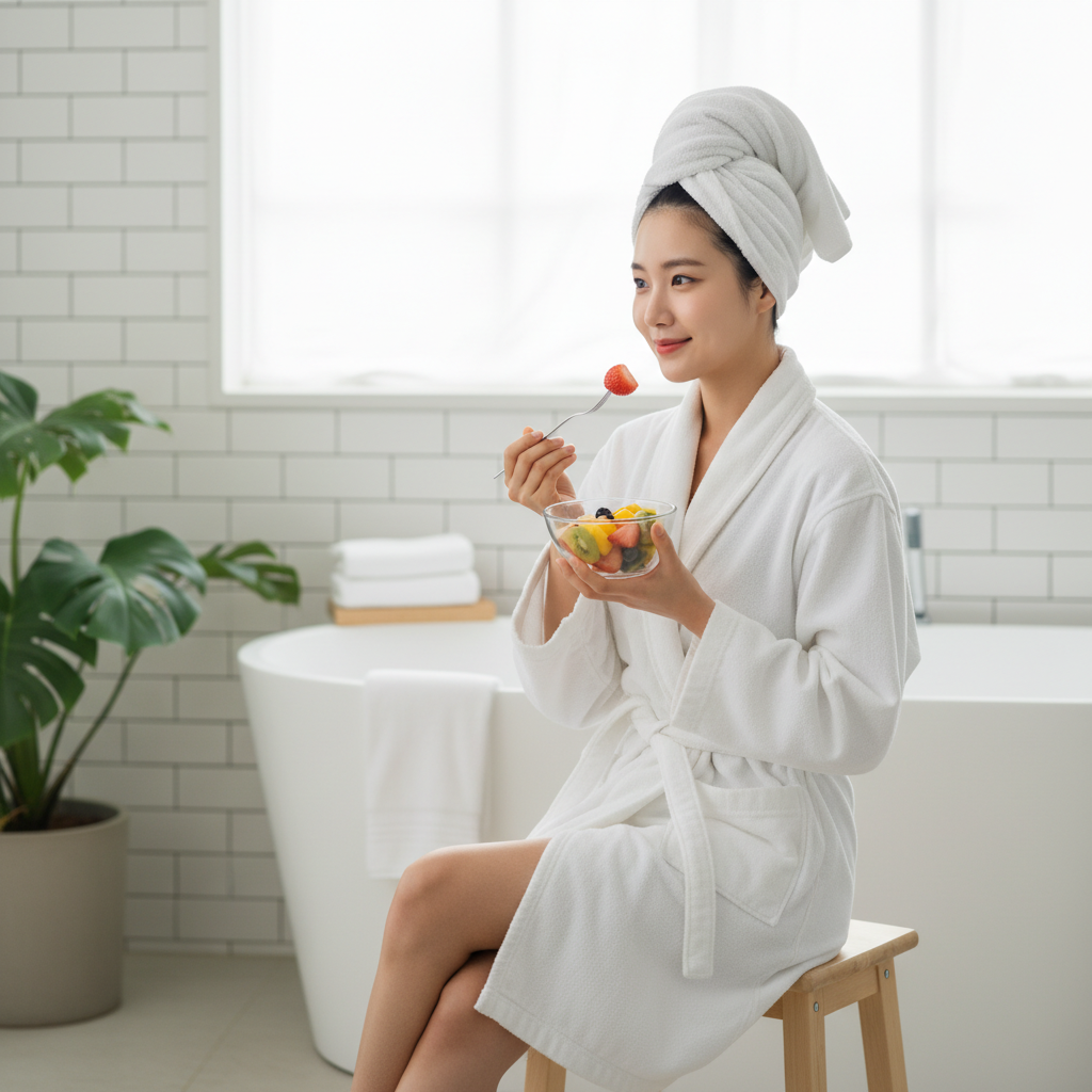 목욕 후 가벼운 과일을 먹는 한국인 여성의 모습
