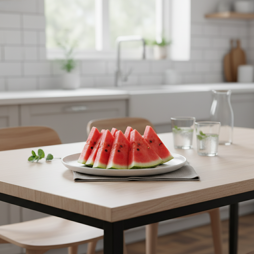 썰어놓은 수박을 접시에 담아 식탁 위에 올린 모습