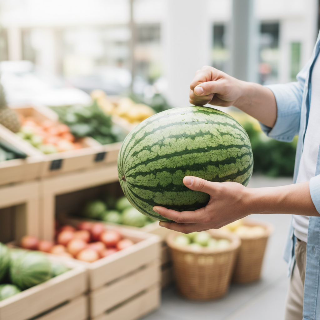 수박을 손으로 들고 두드리며 고르는 모습