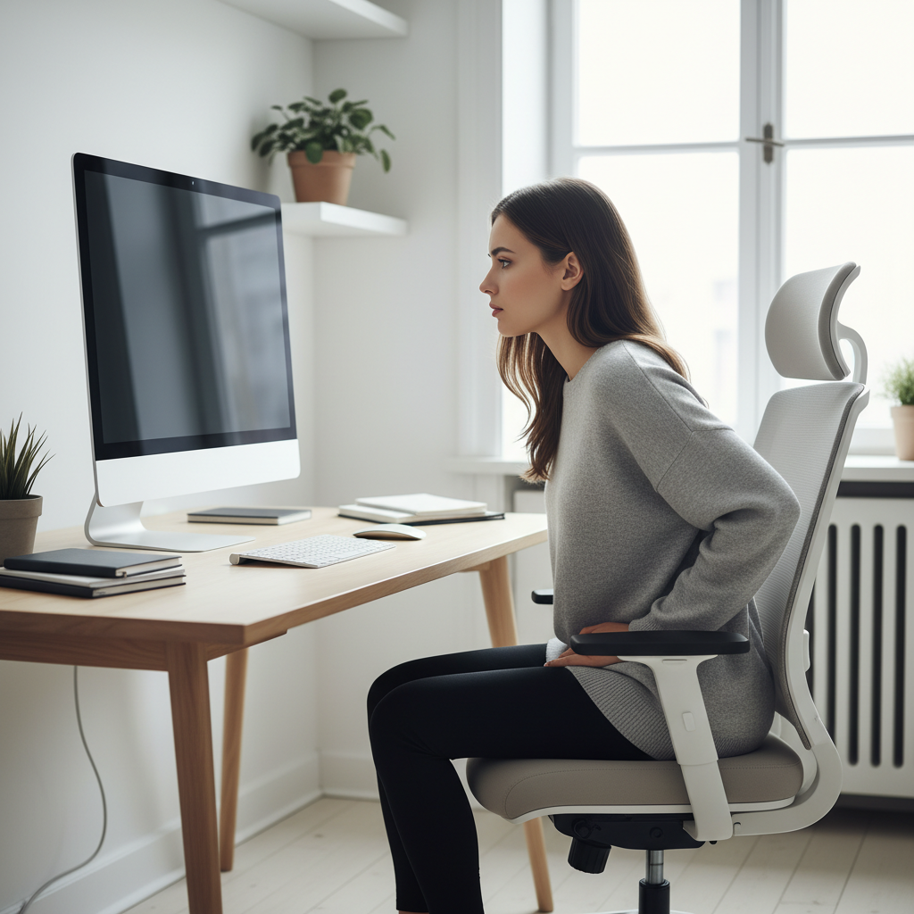 구부정한 자세로 의자에 앉아 컴퓨터를 보는 여성의 모습