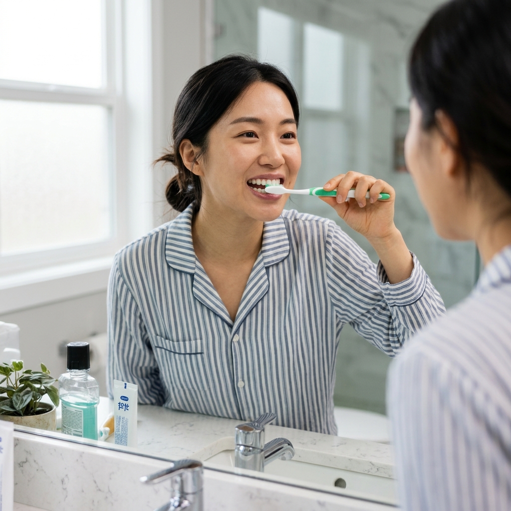치아와 잇몸 경계 부위를 칫솔로 세심하게 닦고 있는 한국인 여성의 모습