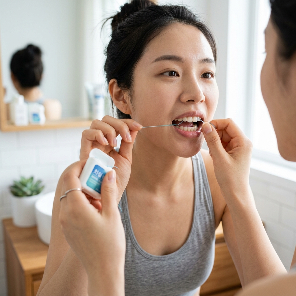 치실을 사용해 치아 사이를 관리하는 한국인 여성의 손 클로즈업