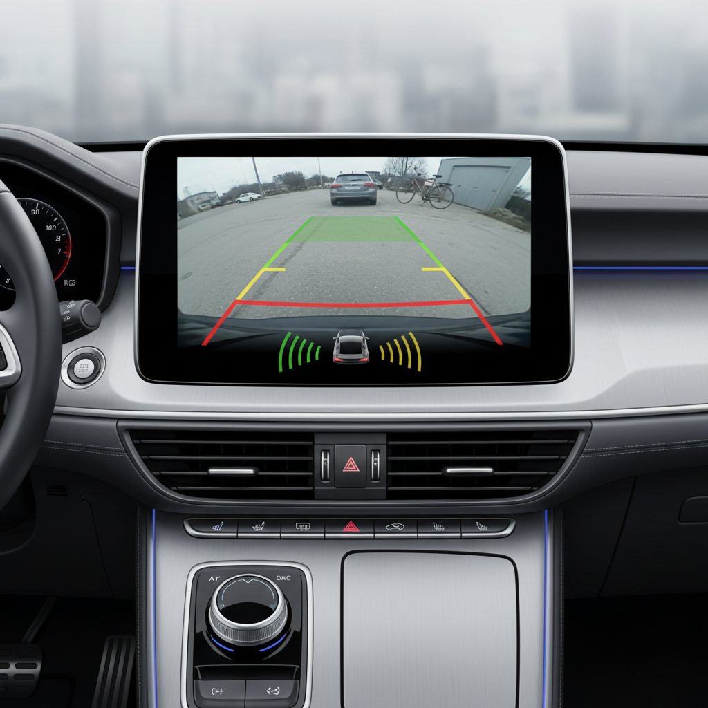 차량 대시보드의 후방 카메라와 안전 경고 시스템 화면