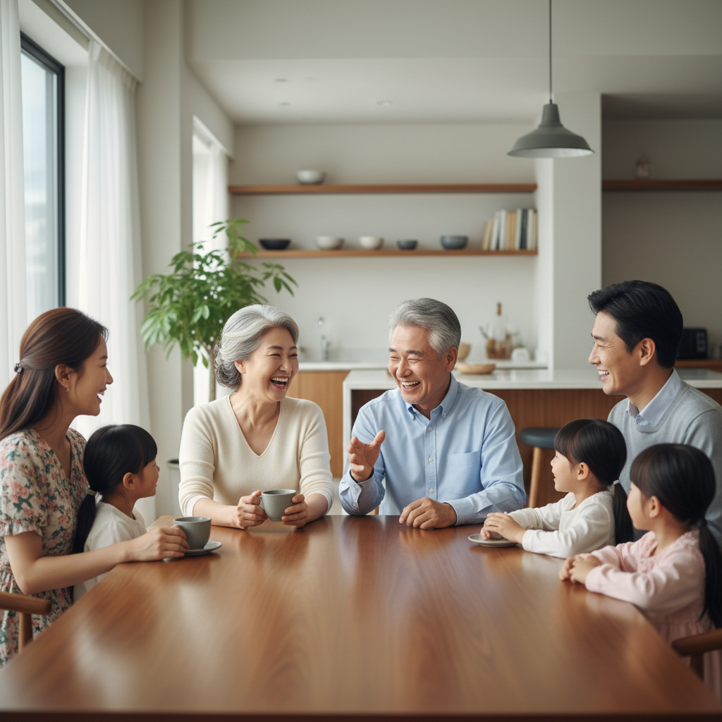 가족과 함께 대화하며 웃고 있는 60대 한국인 부부의 밝은 표정