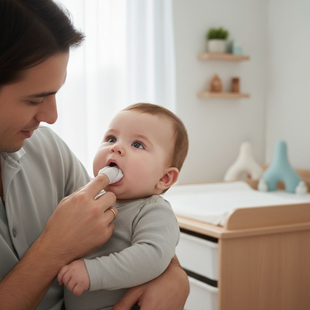 부모가 아기 잇몸을 거즈로 닦아주는 장면