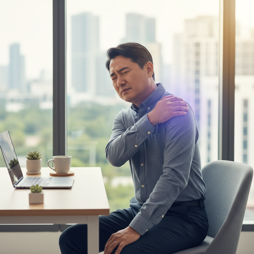 피로와 어깨 통증을 느끼는 중년 남성의 모습