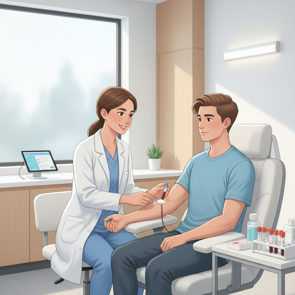 병원에서 간염 항체 검사를 받는 장면