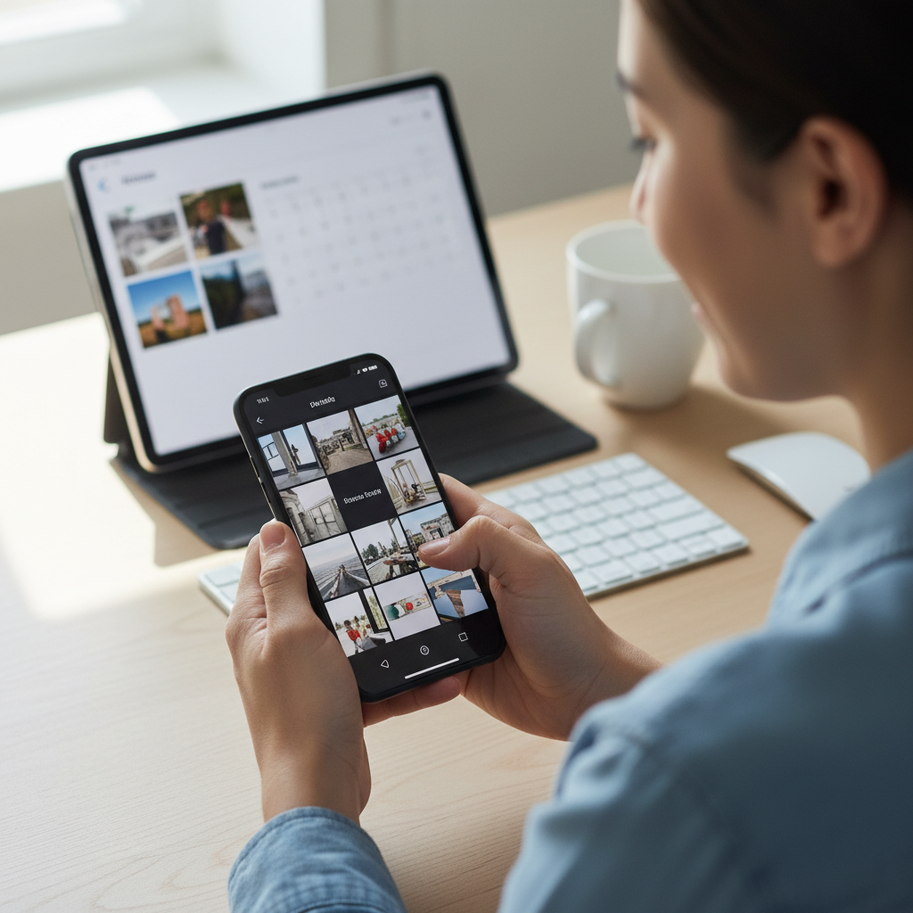 스마트폰으로 사진을 찍고 정리하는 모습