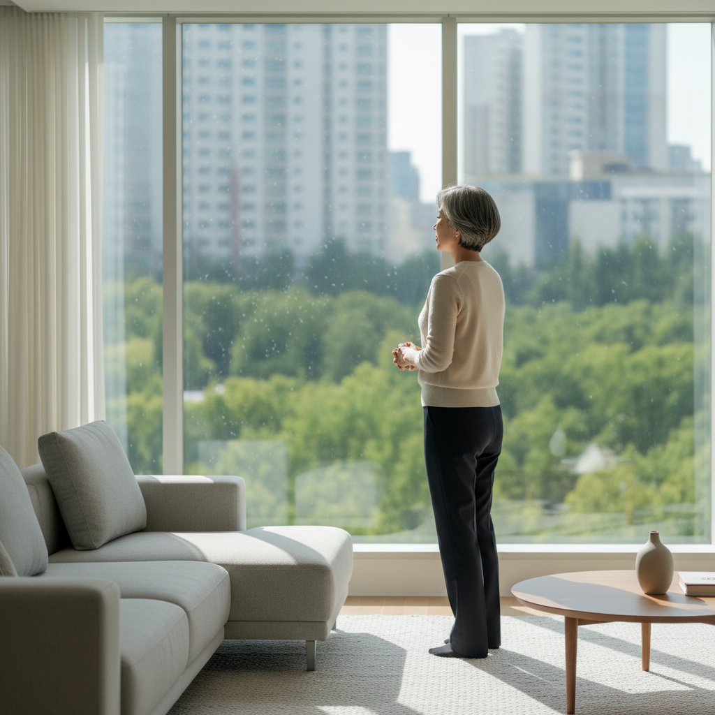 조용한 거실에서 창밖을 바라보는 50대 한국인 여성