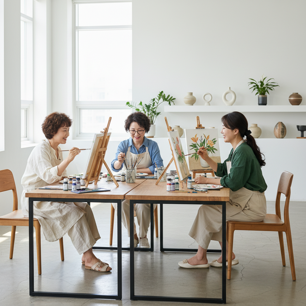 문화센터에서 그림을 그리고 있는 50대 한국인 여성들