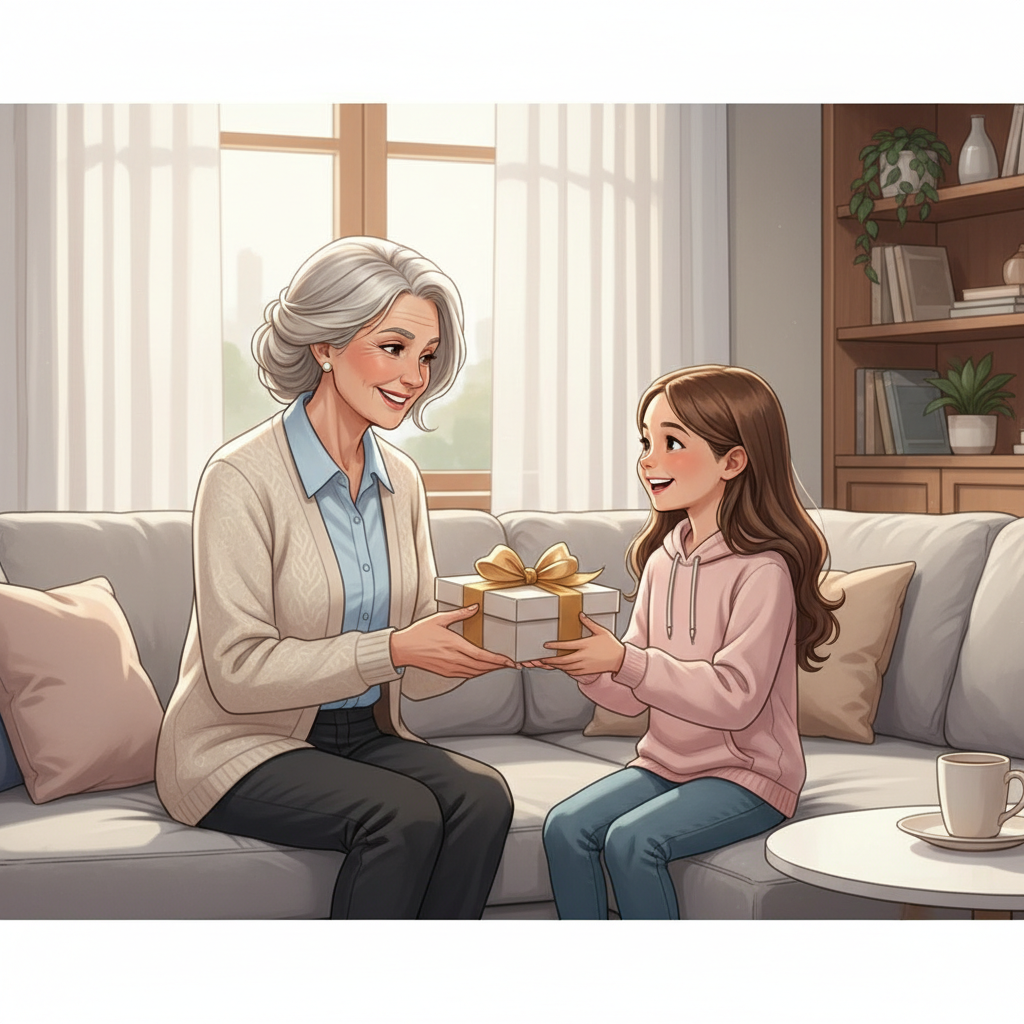 할머니가 손녀에게 선물 상자를 건네는 따뜻한 장면