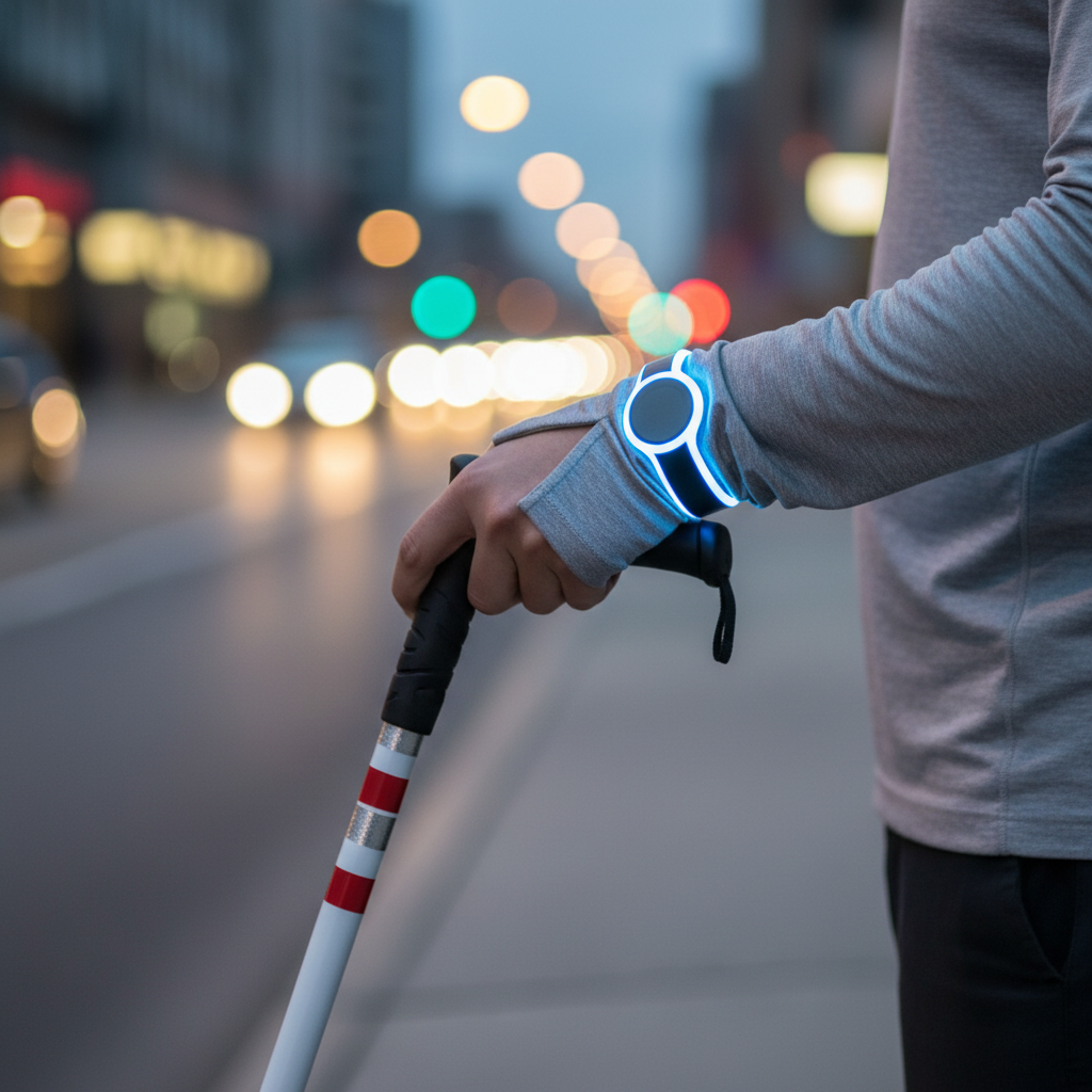 반사 테이프 감긴 지팡이와 LED 팔찌 착용 모습