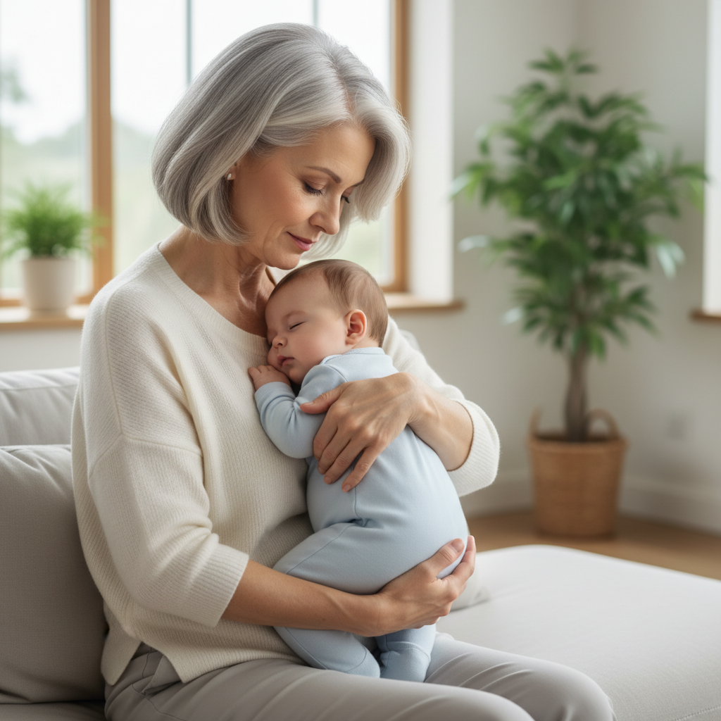 손주를 안고 있는 할머니의 손목과 허리 자세