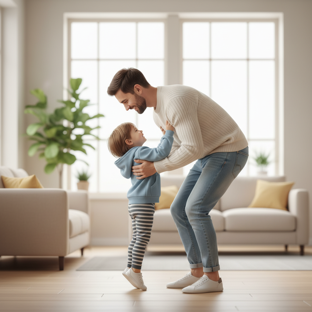 무릎을 구부려 아이를 안전하게 들어올리는 장면
