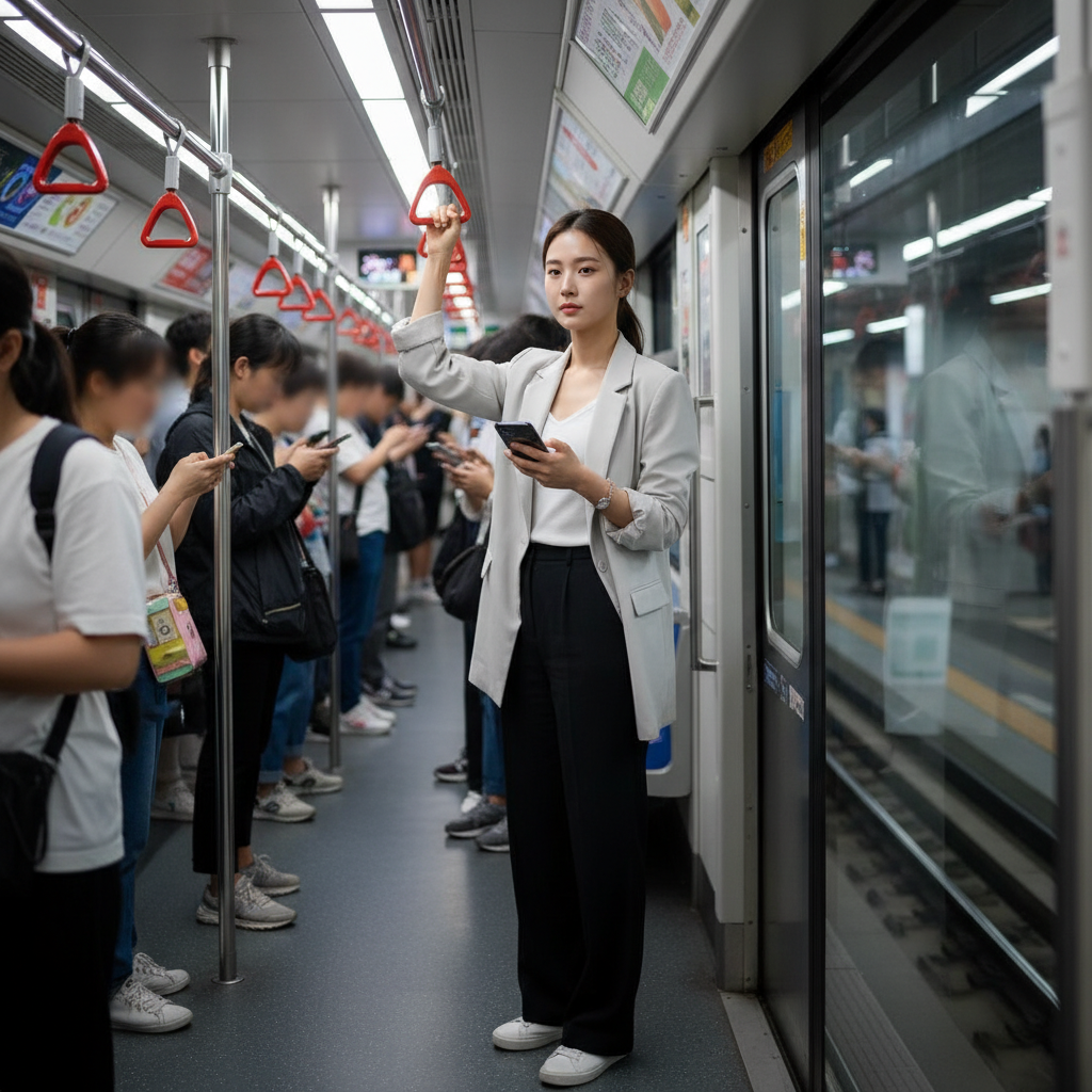 붐비는 출퇴근 지하철 안에서 손잡이를 잡고 서 있는 20대 한국 여성