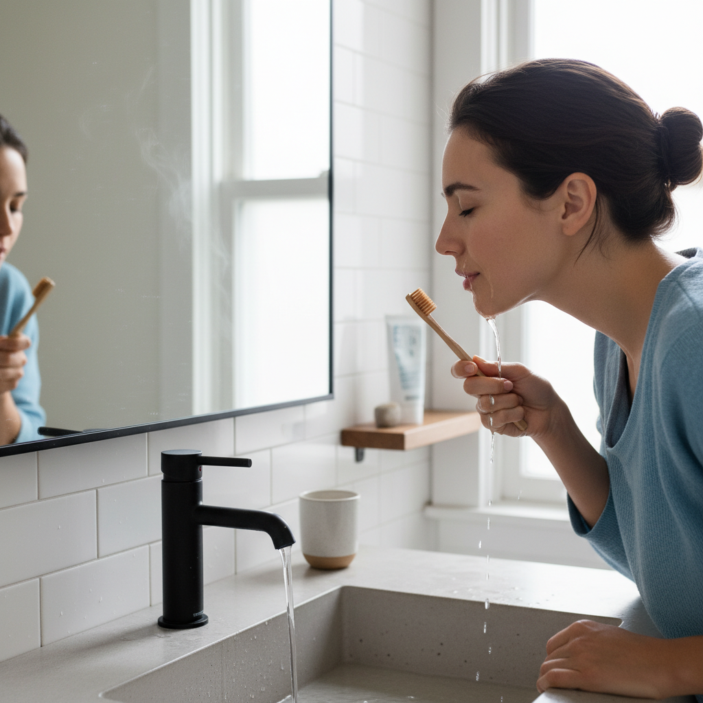 미지근한 물로 양치하는 장면