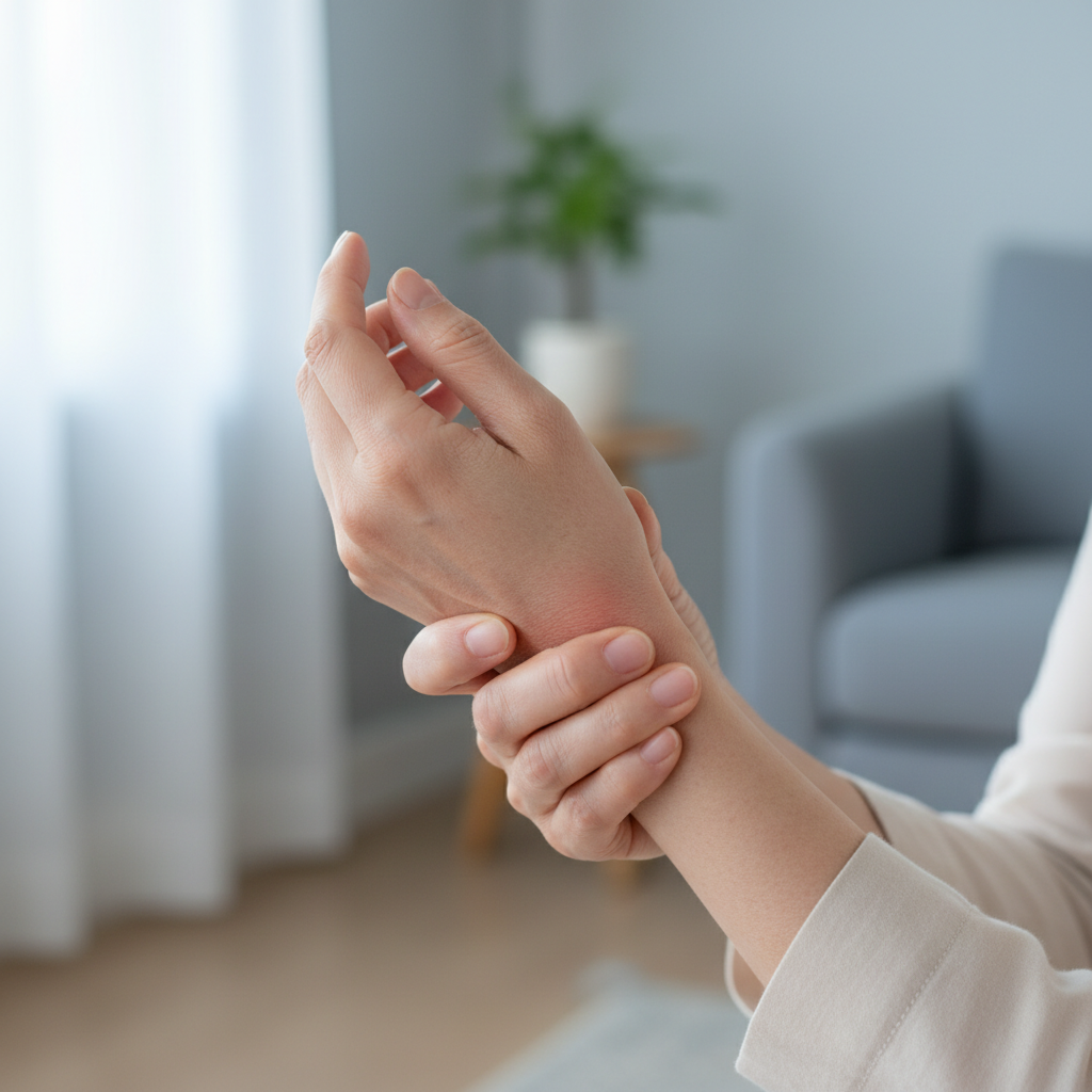 손목을 감싸며 시림을 느끼는 60대 여성의 손